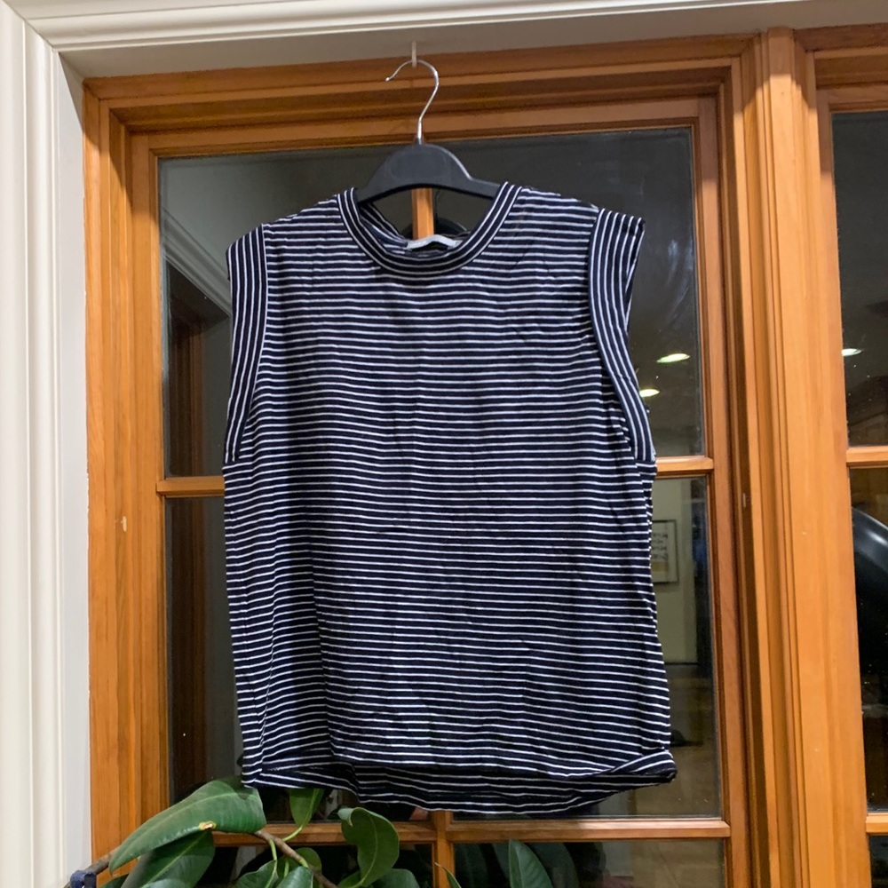 Vince sleeveless navy and white striped top.